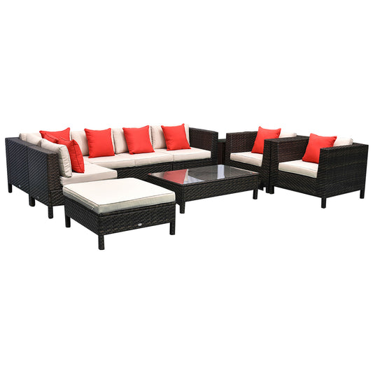 Outsunny 9-Piece Rattan Couch, Outdoor Patio Wicker Set, with Elevated Bottom, Removable Ottoman, Coffee and Side Table, Navy Blue
