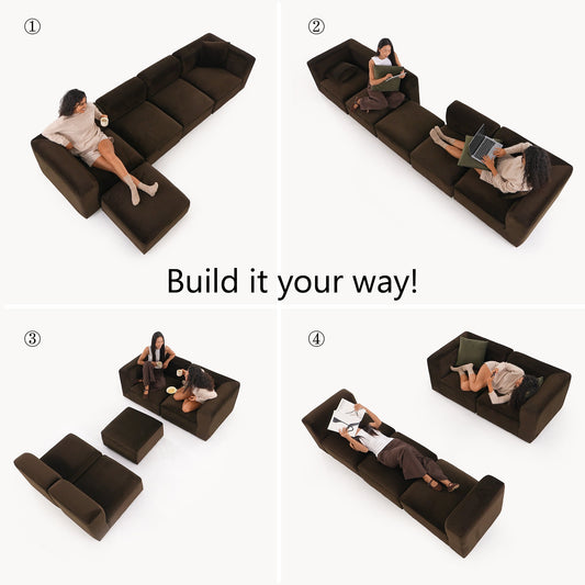 Philo Performance Velvet Low Profile Modular Sectional Sofa (4-Seater+Ottoman)