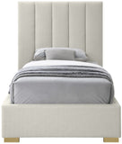 Pierce Mid Century Modern Bed with Deep Channel Tufted Headboard and Elegant Gold & Chrome Legs