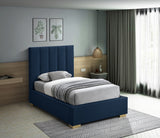 Pierce Mid Century Modern Bed with Deep Channel Tufted Headboard and Elegant Gold & Chrome Legs