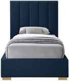 Pierce Mid Century Modern Bed with Deep Channel Tufted Headboard and Elegant Gold & Chrome Legs