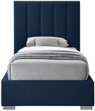 Pierce Mid Century Modern Bed with Deep Channel Tufted Headboard and Elegant Gold & Chrome Legs