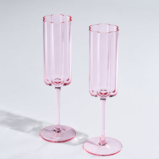 Flower Vintage Champagne Flute Glassware - Set of 2 - 7.4 oz (Pink)