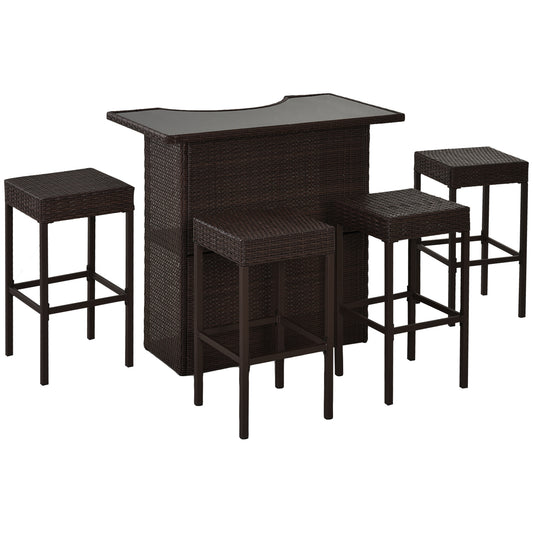 Outsunny 5-Piece Rattan Wicker Bar Set with Glass Top Table, 2 Tier Storage Shelf, and 4 Bar Stools for Outdoor, Patio, Garden, Brown