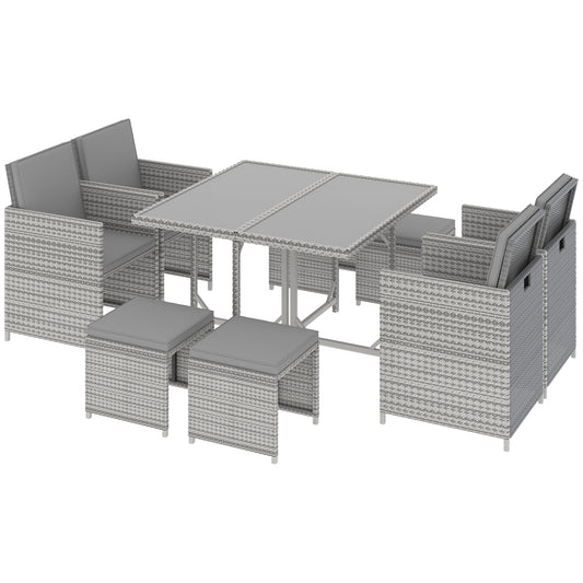 Outsunny 9 Pieces Patio Wicker Dining Sets Outdoor Sectional Conversation Set with Dining Table Ottoman Chair Cushioned