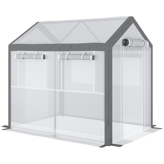 Outsunny 8' L x 6' W x 7' H Outdoor Walk-In Tunnel Greenhouse with Roll-up Windows, 2 Zippered Doors & Weather Cover, White/Gray