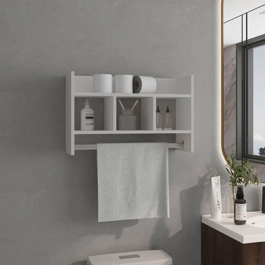 TUHOME Starke Bathroom Wall Shelf with Wide Upper Storage Surface, Three Compact Middle Shelves and Integrated Towel Bar, Space-Saving Organizer for Toiletries, Towels and Decor in Modern or Traditional Bathroom Settings