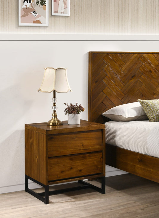 Reed Mid Century Night Stand with Antique Coffee Wood Finish and Matte Black Metal Base Design