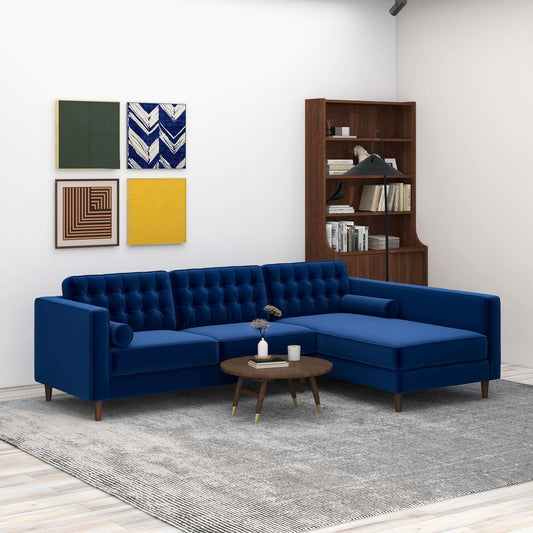 Christian Mid-Century Modern Blue Velvet Sectional Sofa