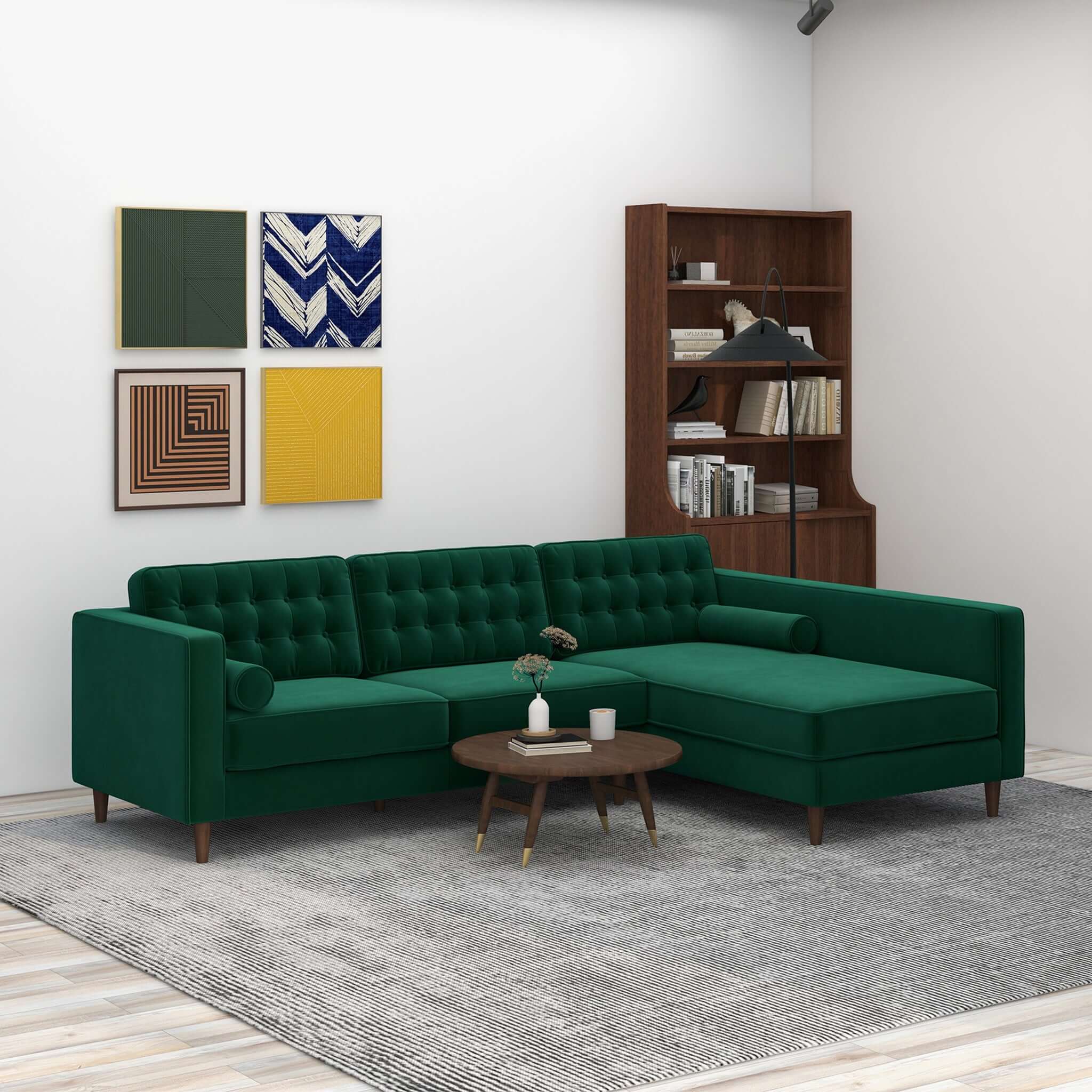 Christian Mid-Century Modern Green Velvet Sectional Sofa