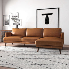 Lore Mid-Century Modern L-Shaped Genuine Leather Sectional in Tan