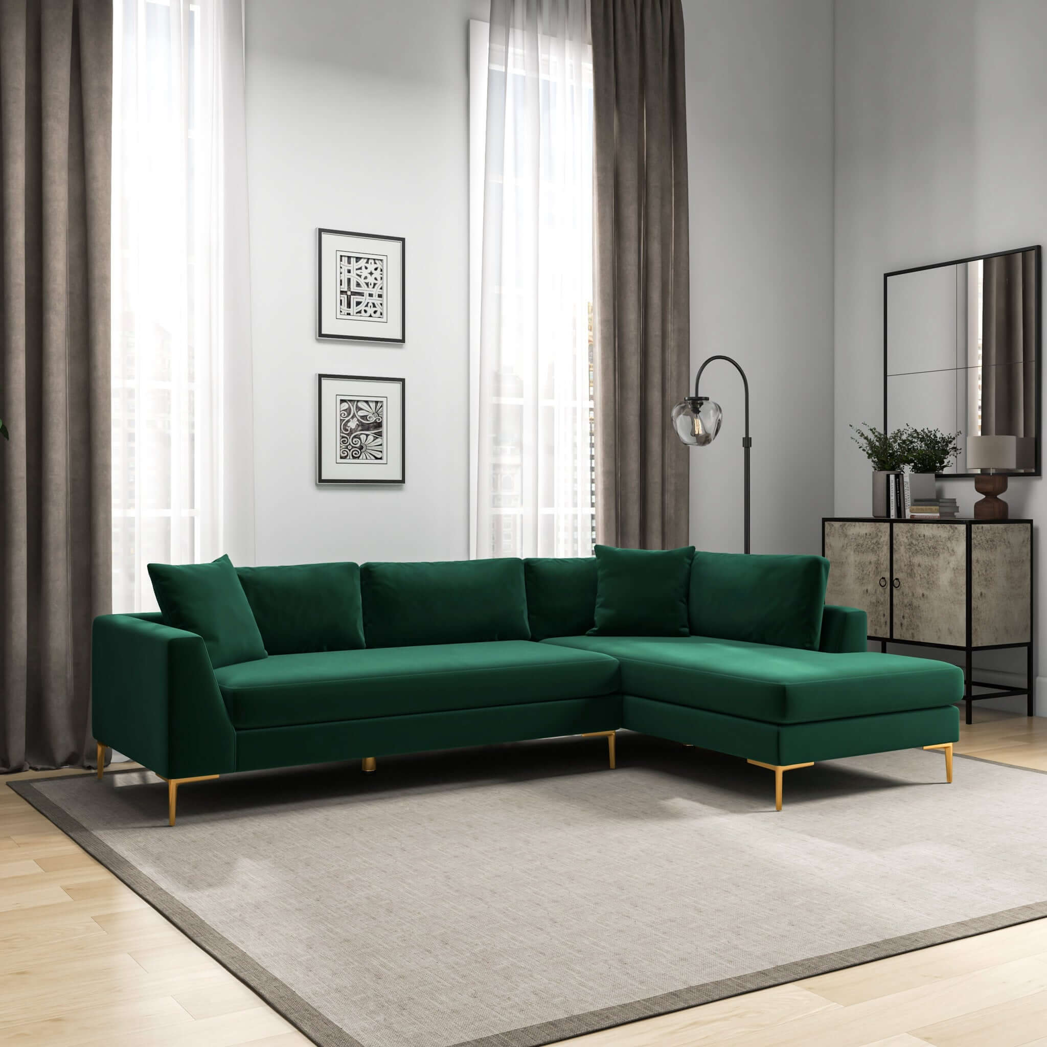 Mano Mid-Century Modern L-Shaped Velvet  Sectional Sofa in Green