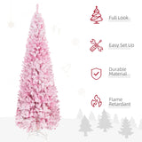 HOMCOM 7.5ft Tall Unlit Snow Flocked Artificial Christmas Tree Slim Pencil Xmas Tree with Pine Shape and Realistic Branches, Pink