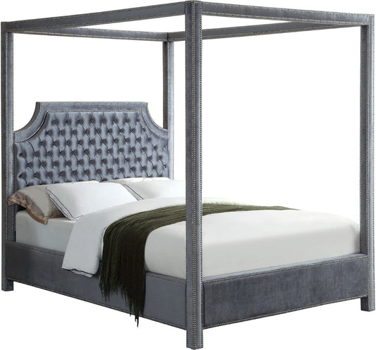 Rowan Velvet Canopy Bed with Luxurious Tufting and Chrome Nailheads for a Regal Bedroom Retreat