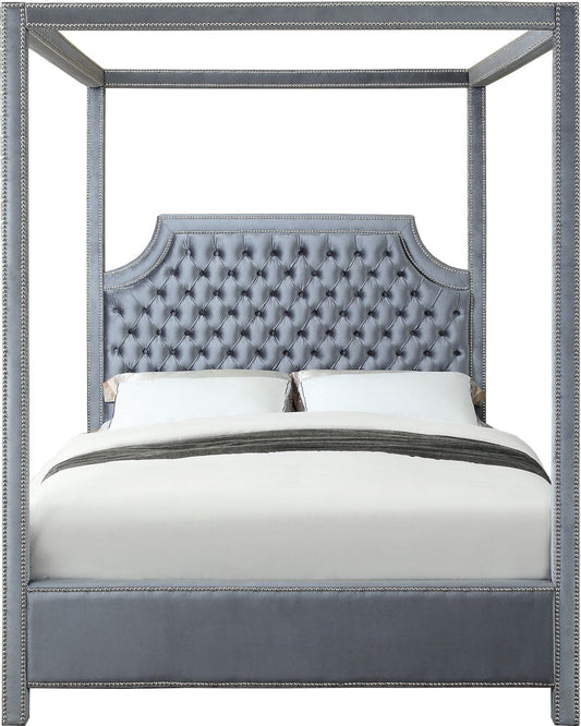Rowan Velvet Canopy Bed with Luxurious Tufting and Chrome Nailheads for a Regal Bedroom Retreat
