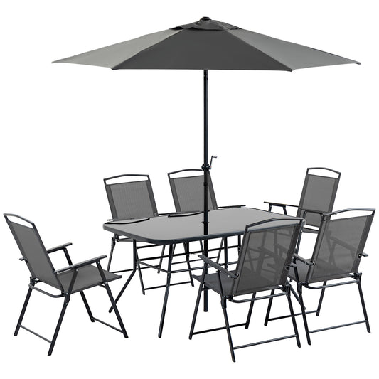 Outsunny Outdoor Dining Set 8 Piece Black with Umbrella 6 Folding Chairs Rectangle Table Mesh Seat