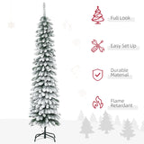 HOMCOM 6' Tall Unlit Slim Pencil Xmas Tree, Snow Flocked Artificial Christmas Tree with Realistic Branches and 603 Tips, Green