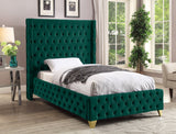 Savan Luxe Velvet Bed with Wingback Design, Deep Tufting, and Customizable Gold or Chrome Legs