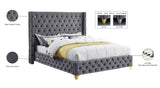 Savan Velvet Bed with Wingback Design, Deep Button Tufting, Gold and Chrome Legs for Luxe Style
