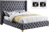 Savan Velvet Bed with Wingback Design, Deep Button Tufting, Gold and Chrome Legs for Luxe Style