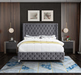 Savan Velvet Bed with Wingback Design, Deep Button Tufting, Gold and Chrome Legs for Luxe Style