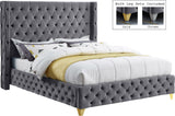 Savan Velvet Bed with Wingback Design, Deep Button Tufting, Gold and Chrome Legs for Luxe Style