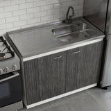 Napoles Utility Sink with Faucet Inclued and Integrated Steel Counter top, Freestanding cabinet with two doors, Metal Handles and Two interior shelves.