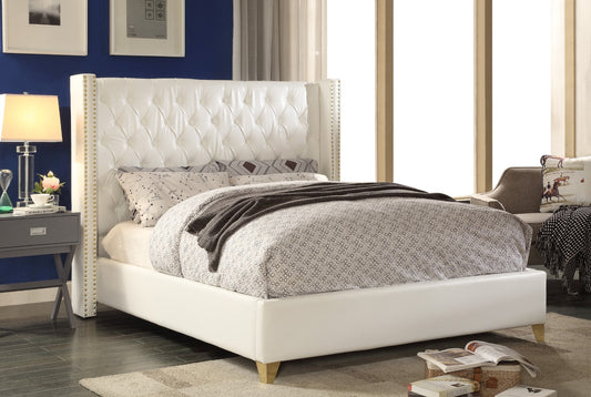 Soho Elegant Leather Wing Bed with Gold Nail Head Details and Deep Tufted Design for Modern Style