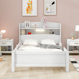 Wood Twin Size Platform Bed with Built-in LED Light, Storage Headboard, Guardrail, and Sturdy Construction, 87" L x 43" W x 31" H, White