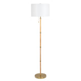 Stellar Wood Rattan Tube - Gold Brass Metal and White Linen Shade Floor Lamp