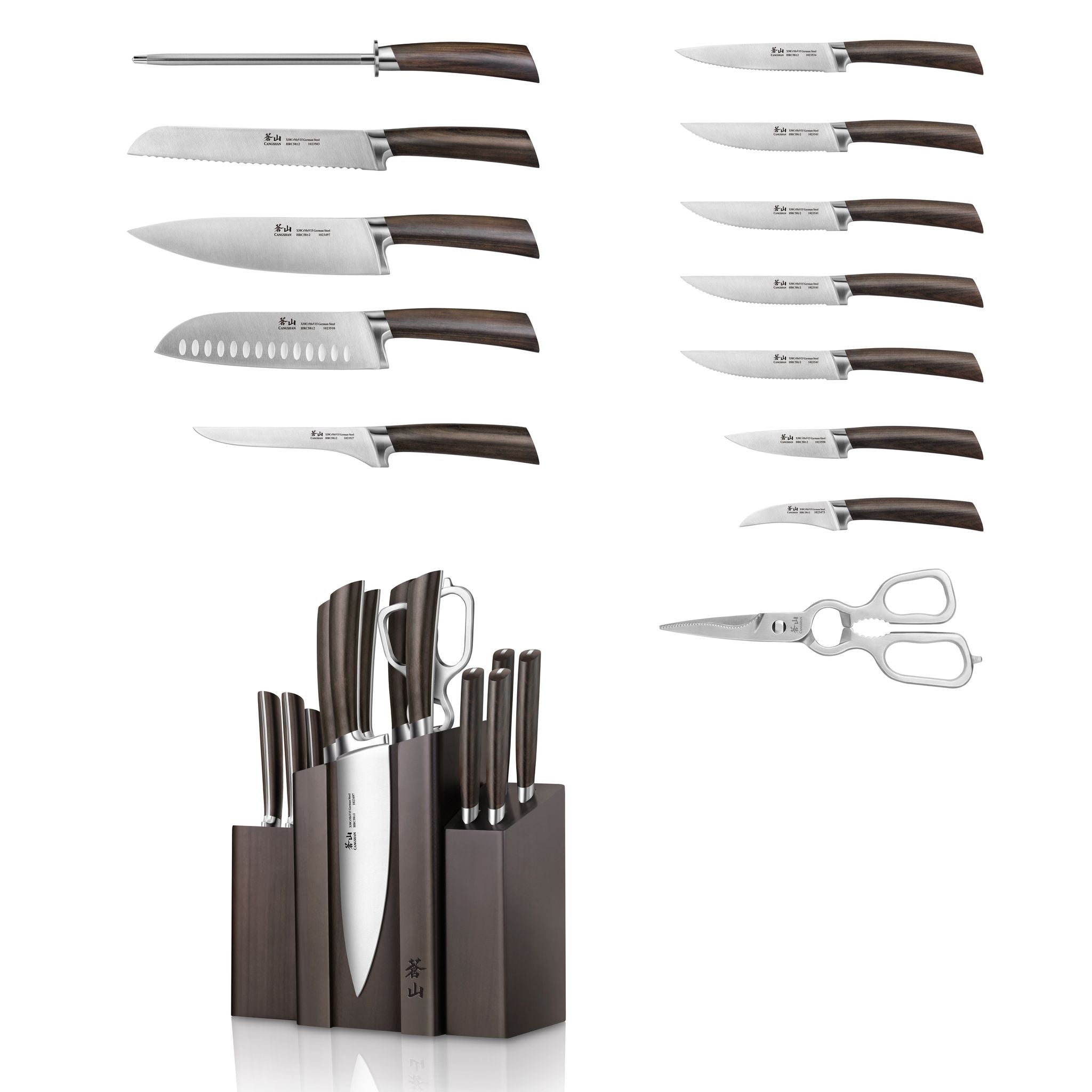 A Series 14-Piece Magnetic Knife Block Set, Forged German Steel, DENALI Walnut Block, 1022285