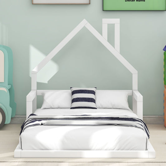 Twin Size Floor Bed for Kids with House-Shaped Headboard, Sturdy Wood Construction, No Box Spring Needed, 78" L x 41.5" W x 39" H, White