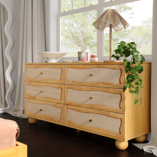 Grappa 62" Natural Wood & Raffia Wavy 6-Drawer Dresser