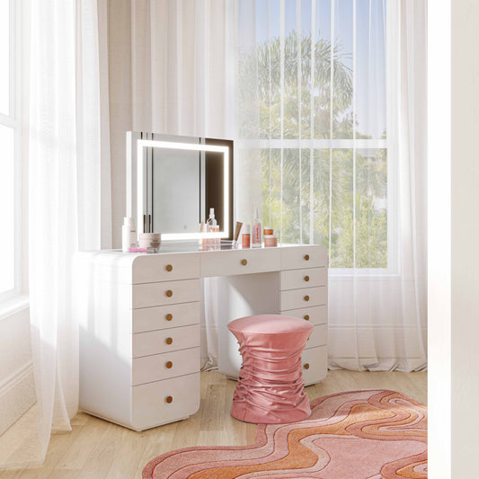 Hollywood 56" White Desk with LED Panel Vanity Mirror