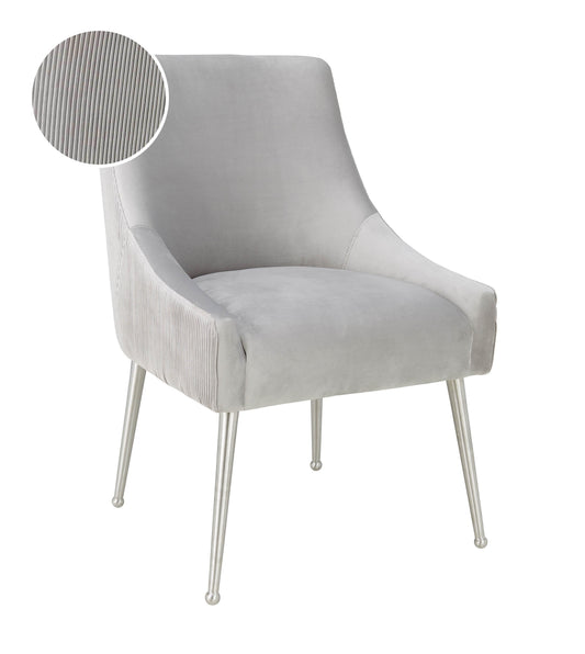 Beatrix Pleated Light Grey Performance Velvet Dining Chair - Silver Legs