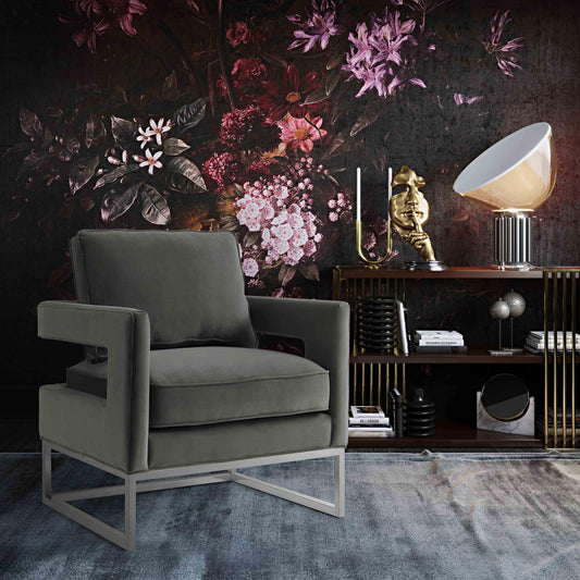 Avery Grey Performance Velvet Accent Chair with Silver Base