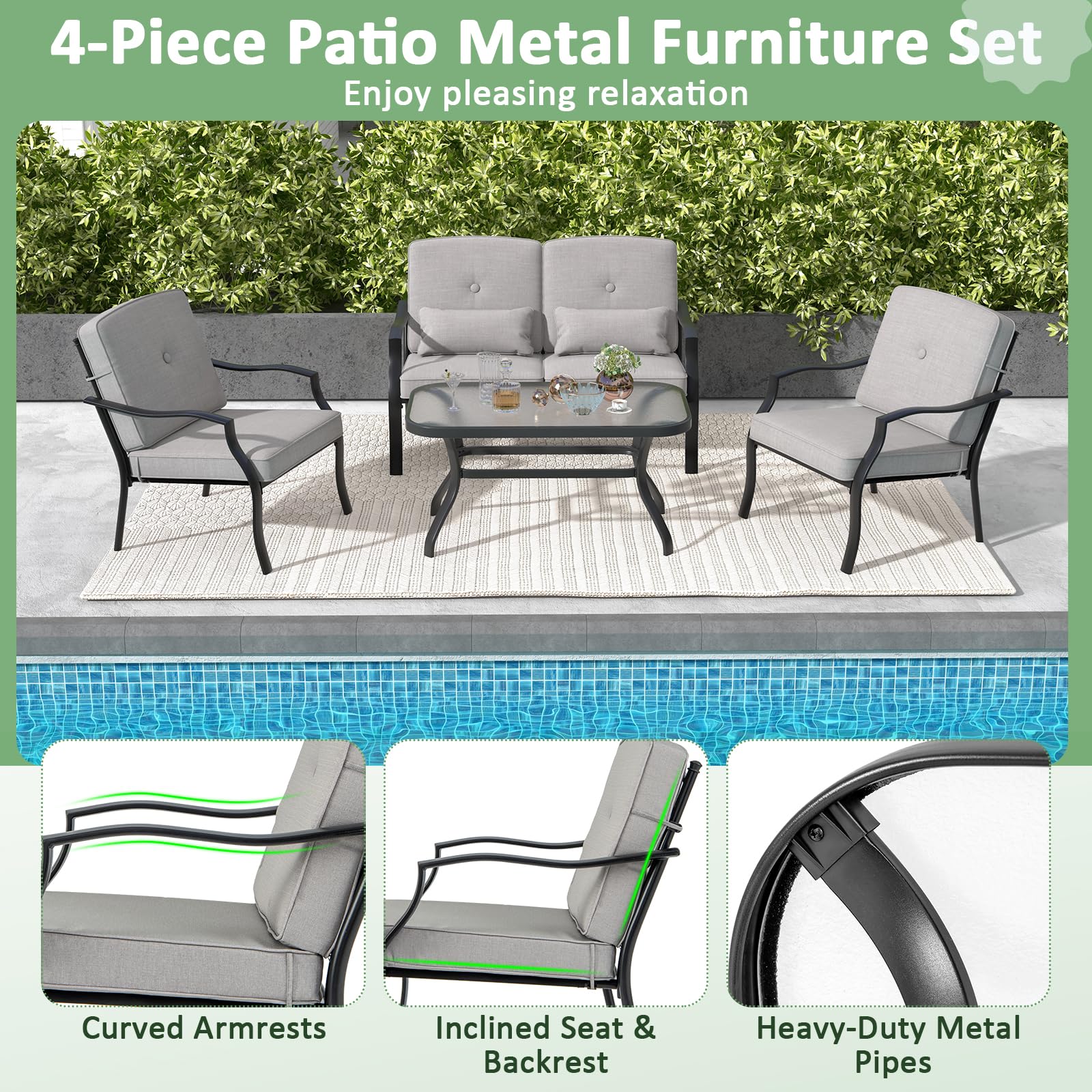 Tangkula 4 Piece Patio Furniture Set, Heavy Duty Outdoor Conversation Set with Soft Padded Cushions & Waist Pillows