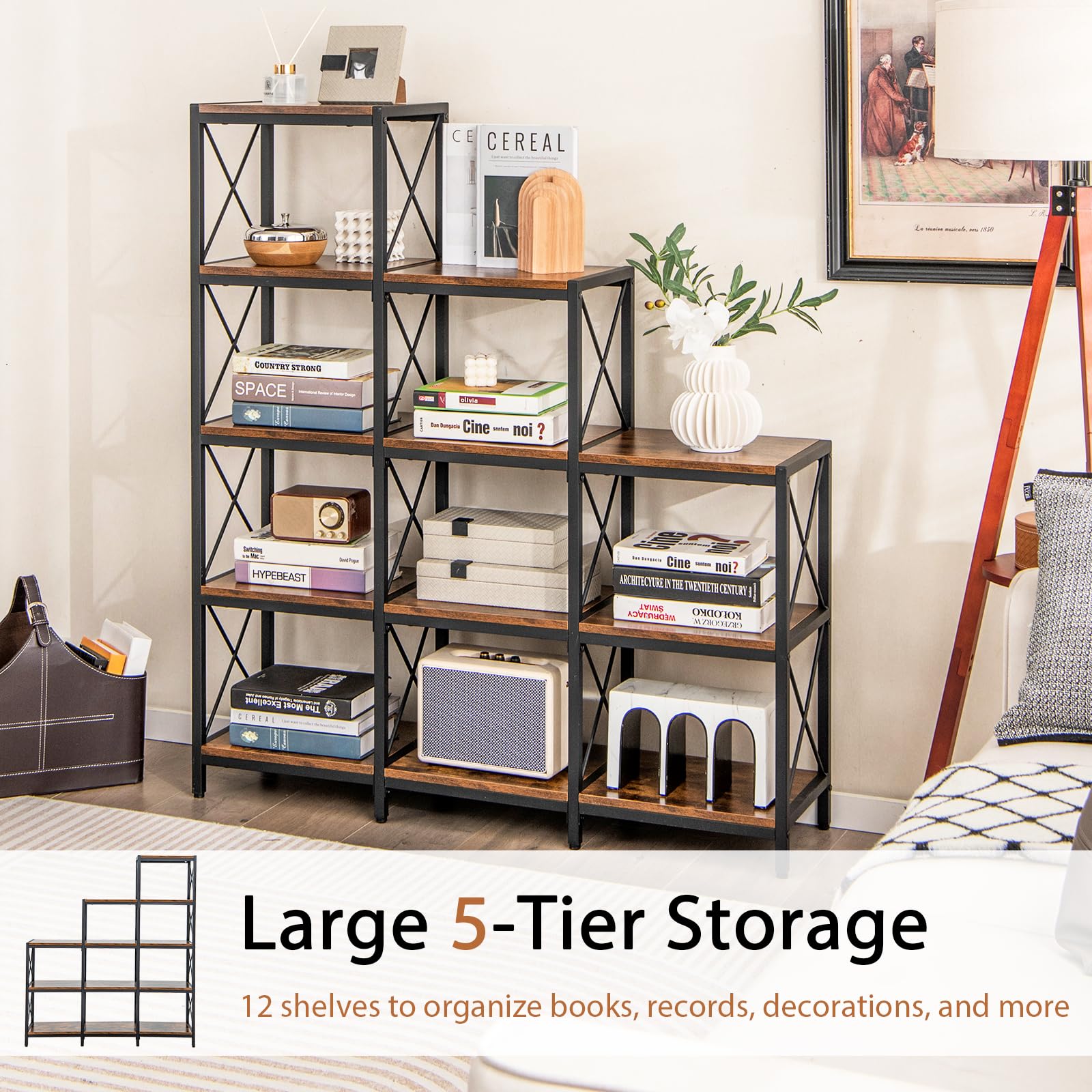 Tangkula 5-Tier Bookshelf, 12 Shelves Storage Organizer Display Shelf for Home Office Living Room