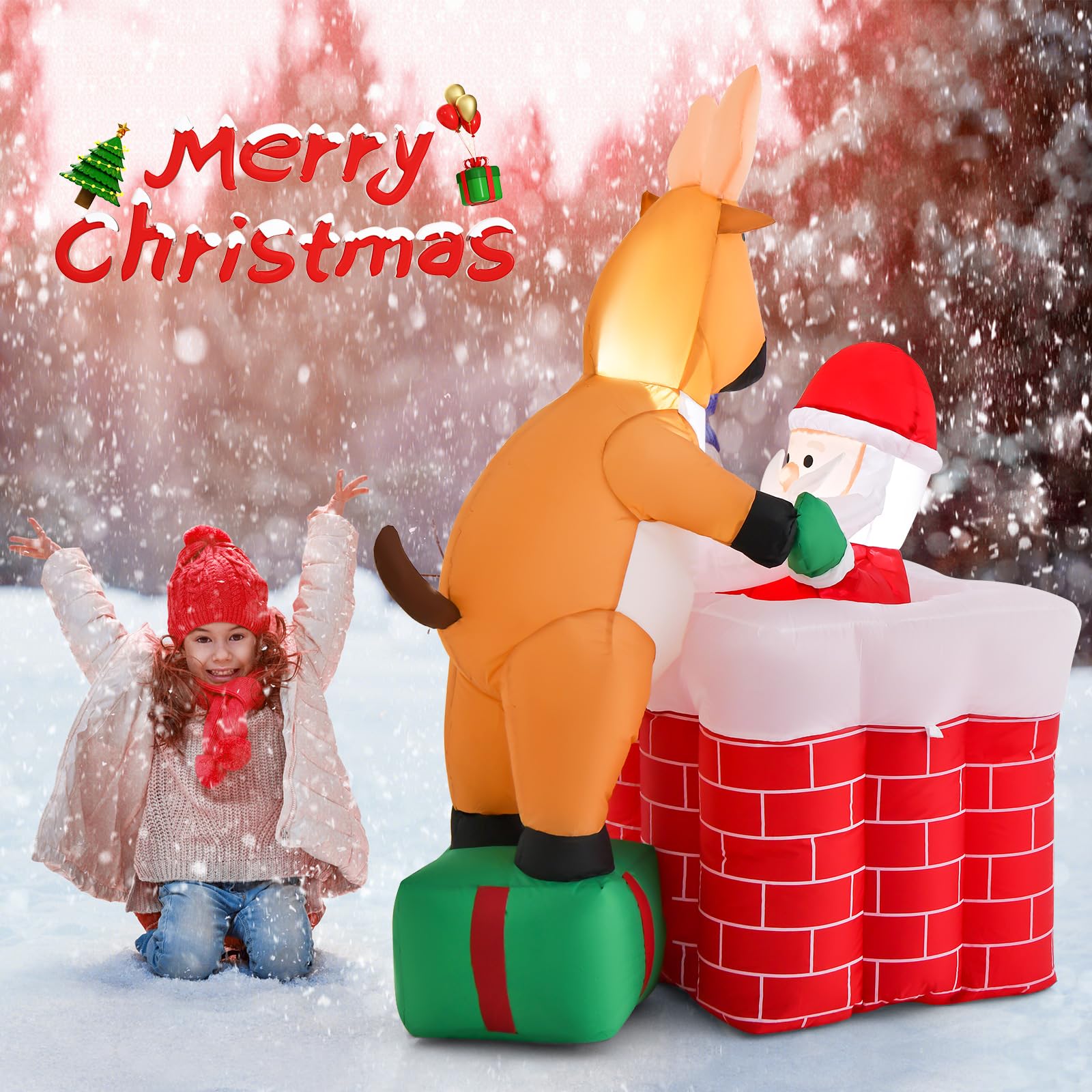 Tangkula 5 FT Inflatable Christmas Liftable Santa Claus Climbing Chimney with Reindeer Standing on a Gift Box