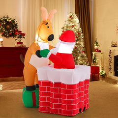 Tangkula 5 FT Inflatable Christmas Liftable Santa Claus Climbing Chimney with Reindeer Standing on a Gift Box