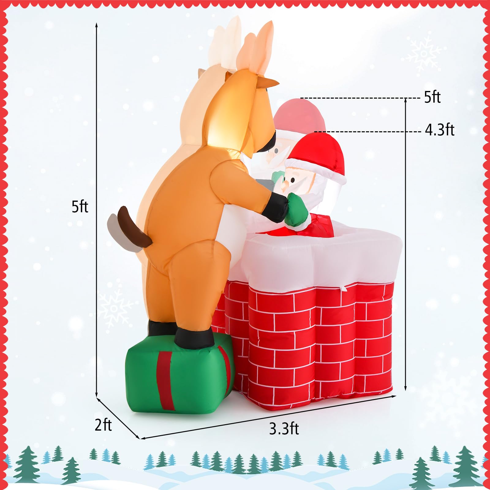 Tangkula 5 FT Inflatable Christmas Liftable Santa Claus Climbing Chimney with Reindeer Standing on a Gift Box