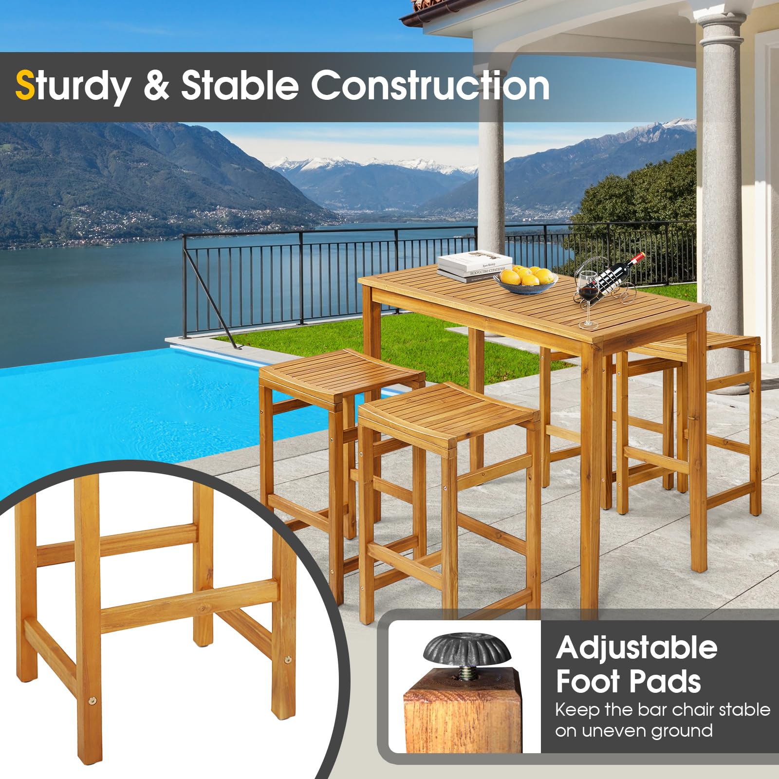 Tangkula 5 Piece Outdoor Acacia Wood Bar Table Set