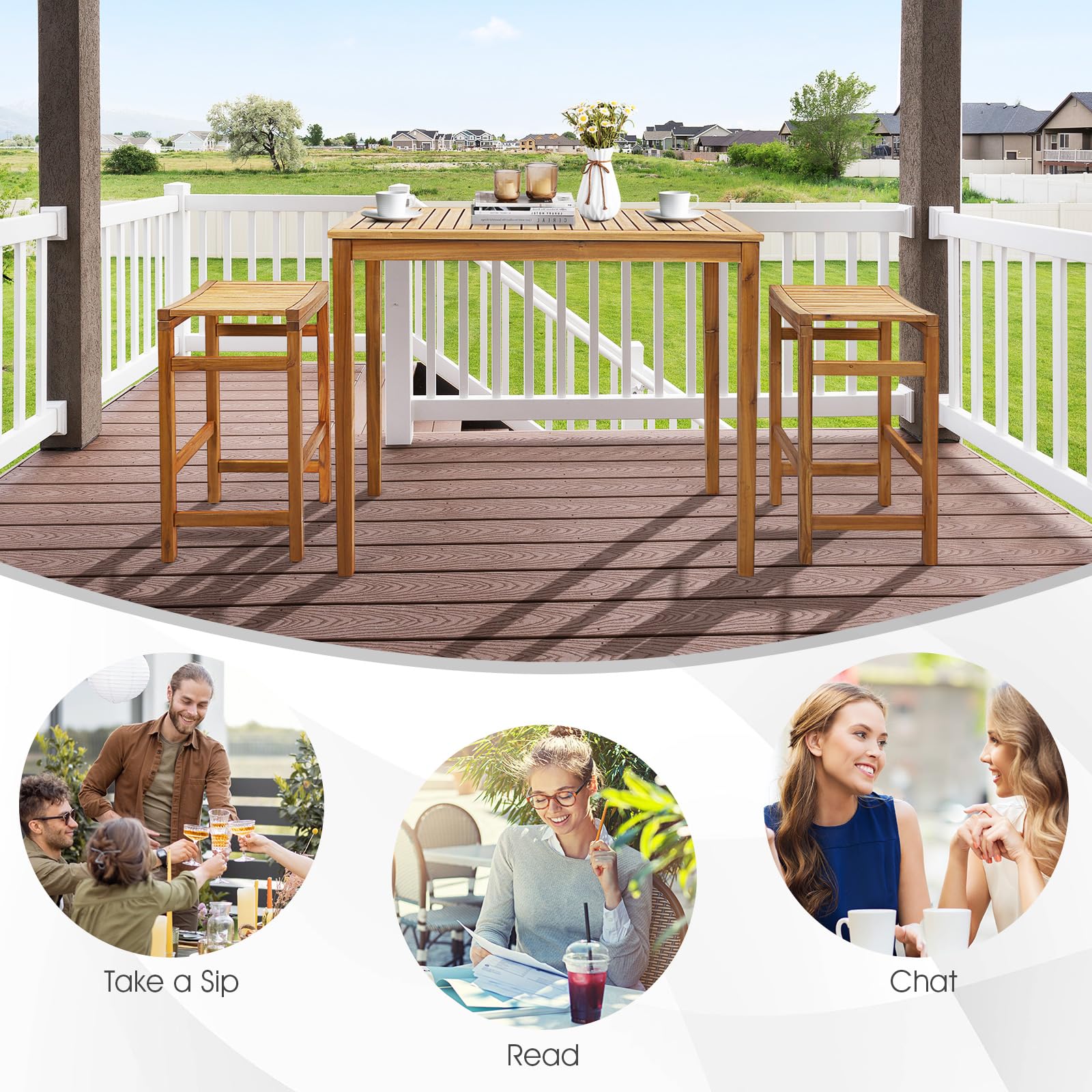 Tangkula 5 Piece Outdoor Acacia Wood Bar Table Set