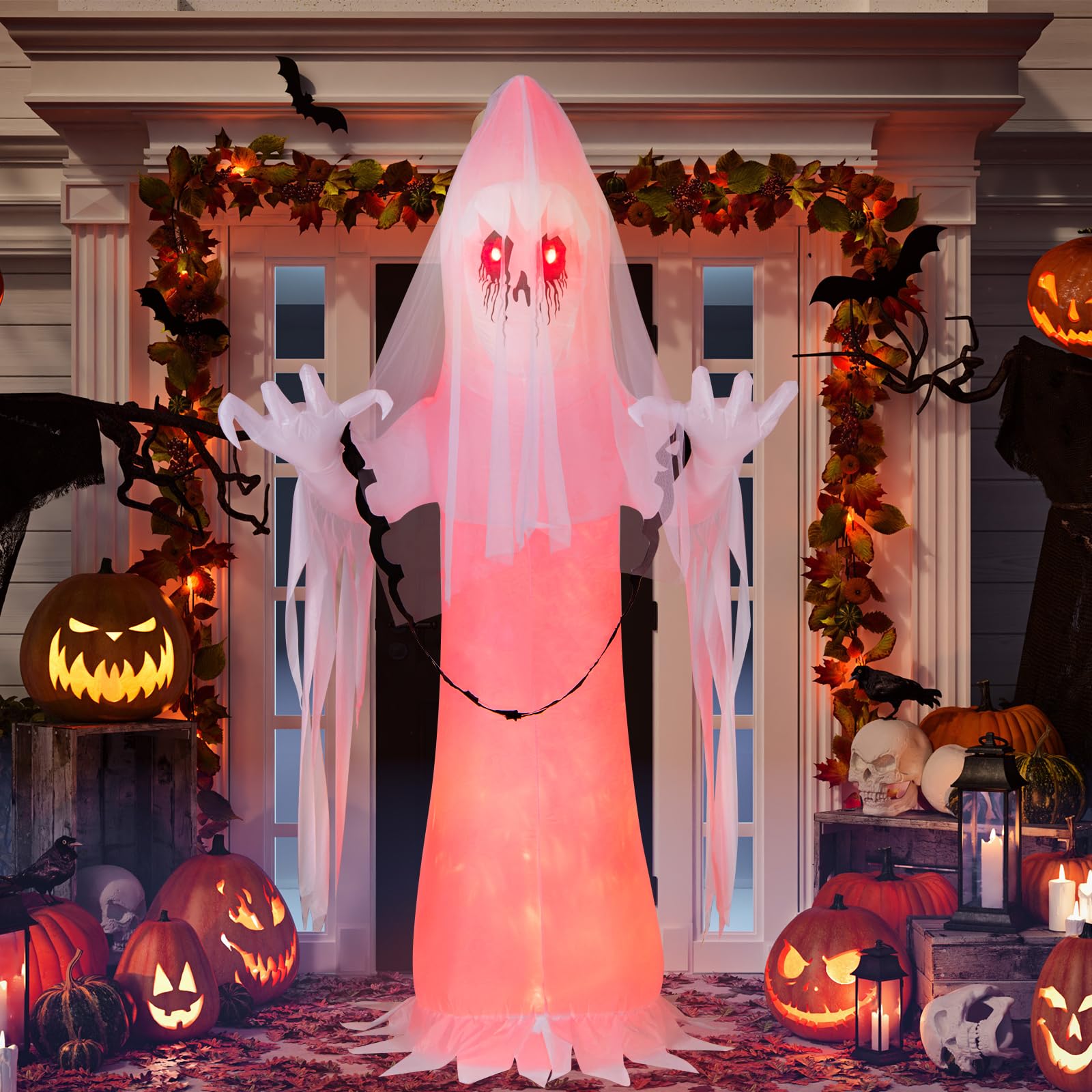 Tangkula 8 FT Halloween Inflatable Ghost, Blow-up Haunting Ghost Bride with Flame LED Light