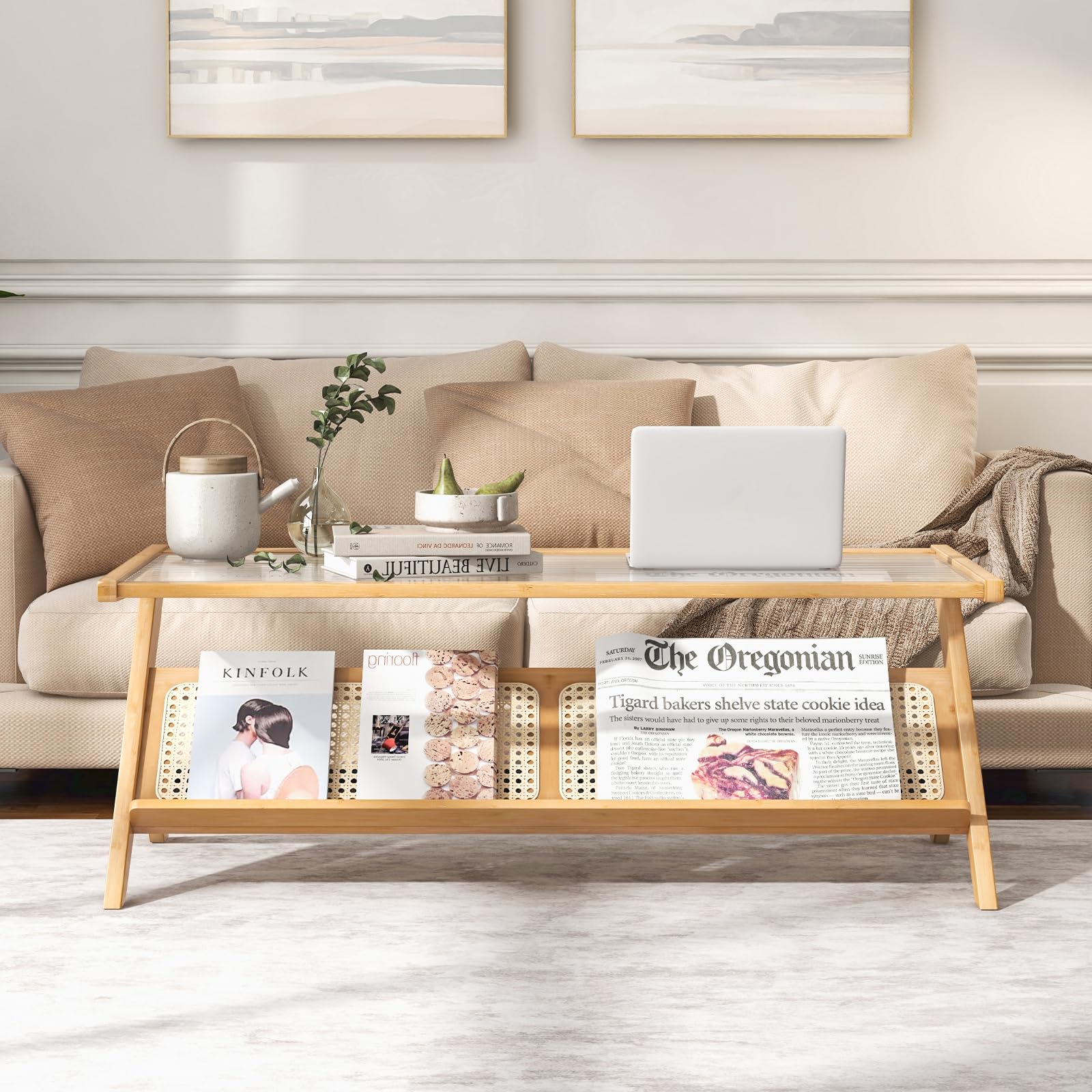 Tangkula Bamboo Coffee Table, Modern Accent Center Table