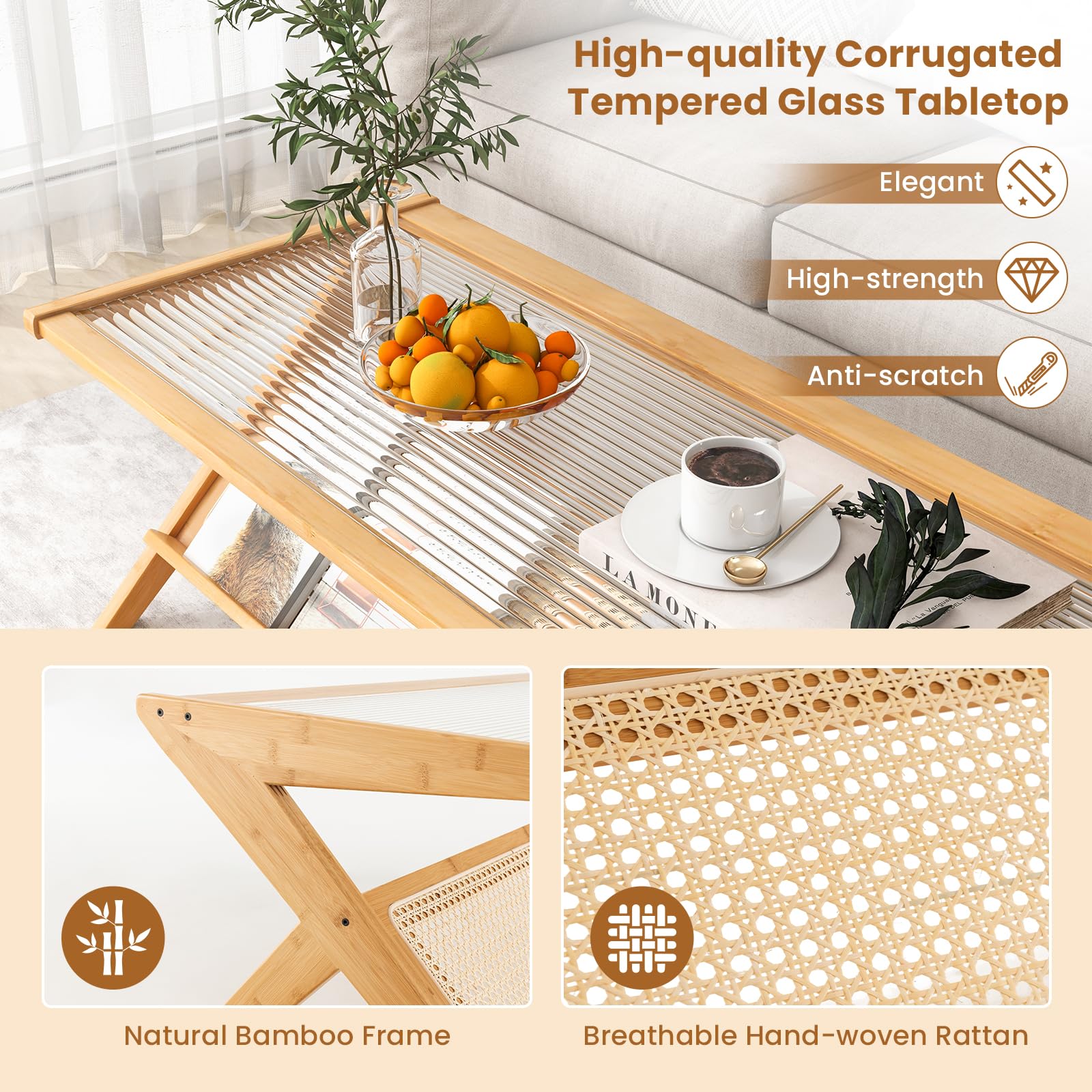 Tangkula Bamboo Coffee Table, Modern Accent Center Table