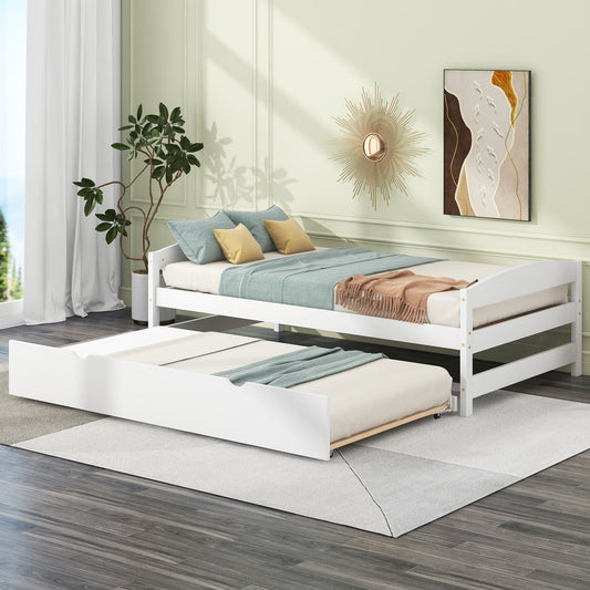 Twin Size Platform Bed with Twin Size Trundle, Headboard and Footboard, Sturdy Pine Wood Construction, 77.5" L x 40.5" W x 22" H, White