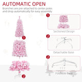 HOMCOM 6ft Tall Unlit Snow Flocked Artificial Christmas Tree Slim Pencil Xmas Tree with Pine Shape and Realistic Branches, Pink