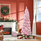 HOMCOM 6ft Tall Unlit Snow Flocked Artificial Christmas Tree Slim Pencil Xmas Tree with Pine Shape and Realistic Branches, Pink