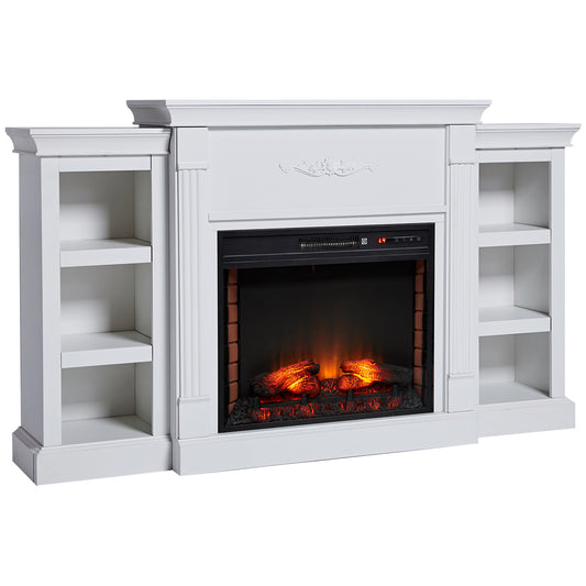 HOMCOM Electric Fireplace Cream White Wood 1400W Freestanding with Artificial Flame & Side Cabinets